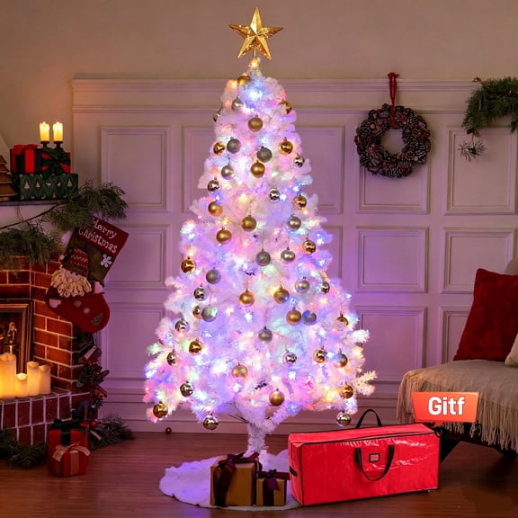 BSHAPPLUS® 6ft Pre-Lit White Christmas Tree with Remote Control,Artificial Hinged Christmas Tree with 500 LED Lights, 11 Light-Modes and 1200 Branch Tips for Home, Party Decoration