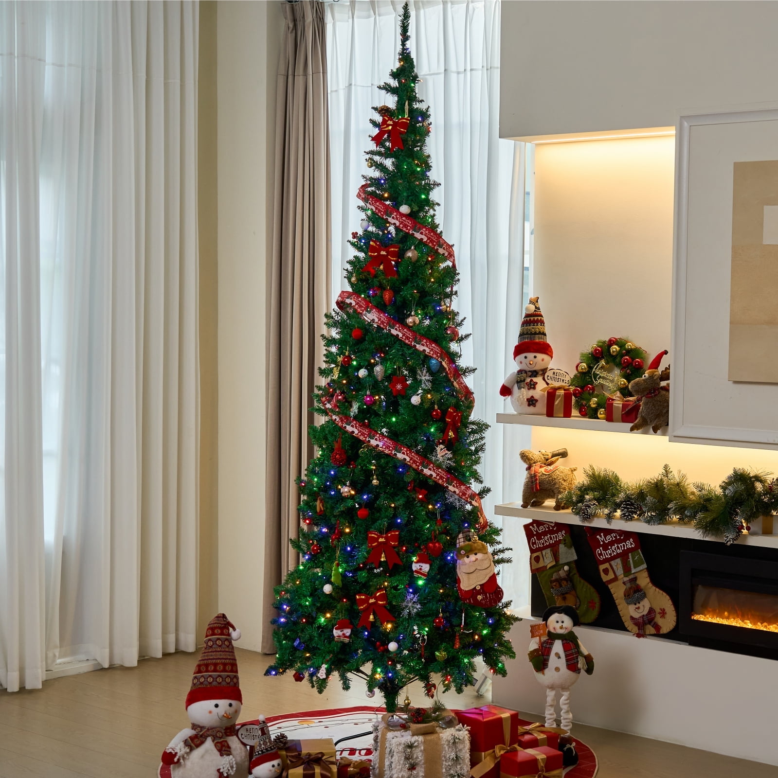 BSHAPPLUSÂ® 7.5ft Pre-Lit Christmas Tree,Hinged Artificial Christmas Pine  Tree,Christmas Tree with 1000 Branch Tips and 360 Lights,Foldable Metal Base, image size:1599x1600