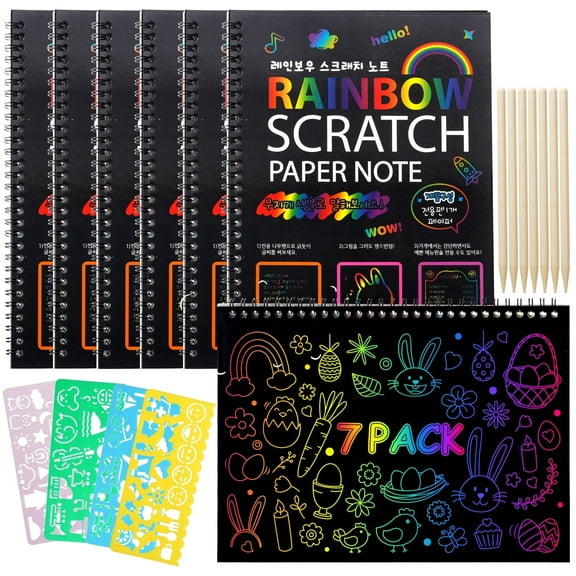 BSHAPPLUS® 7 Pack Rainbow Scratch Art Notebooks,Magic Scratch off Paper Notebook Set for Kids Art and Craft Activity Book Black Sketch Doodle Pads with Drawing Stick for Party Favor Game Gift