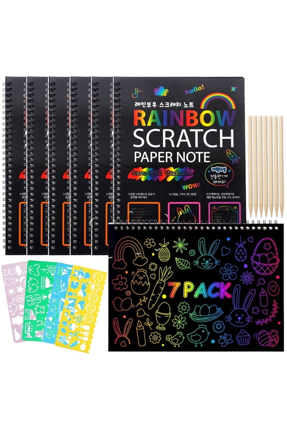 ® 7 Pack Rainbow Scratch Art Notebooks,Magic Scratch off Paper Notebook Set for Kids Art and Craft Activity Book Black Sketch Doodle Pads with Drawing Stick for Party Favor Game Gift