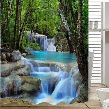 BSHAPPLUS 78 x 70" 3D Large Waterfall Coated Shower Curtain, Waterproof Forest Rocks Pattern Bathroom Set + 12 Hooks Rings Home Decor