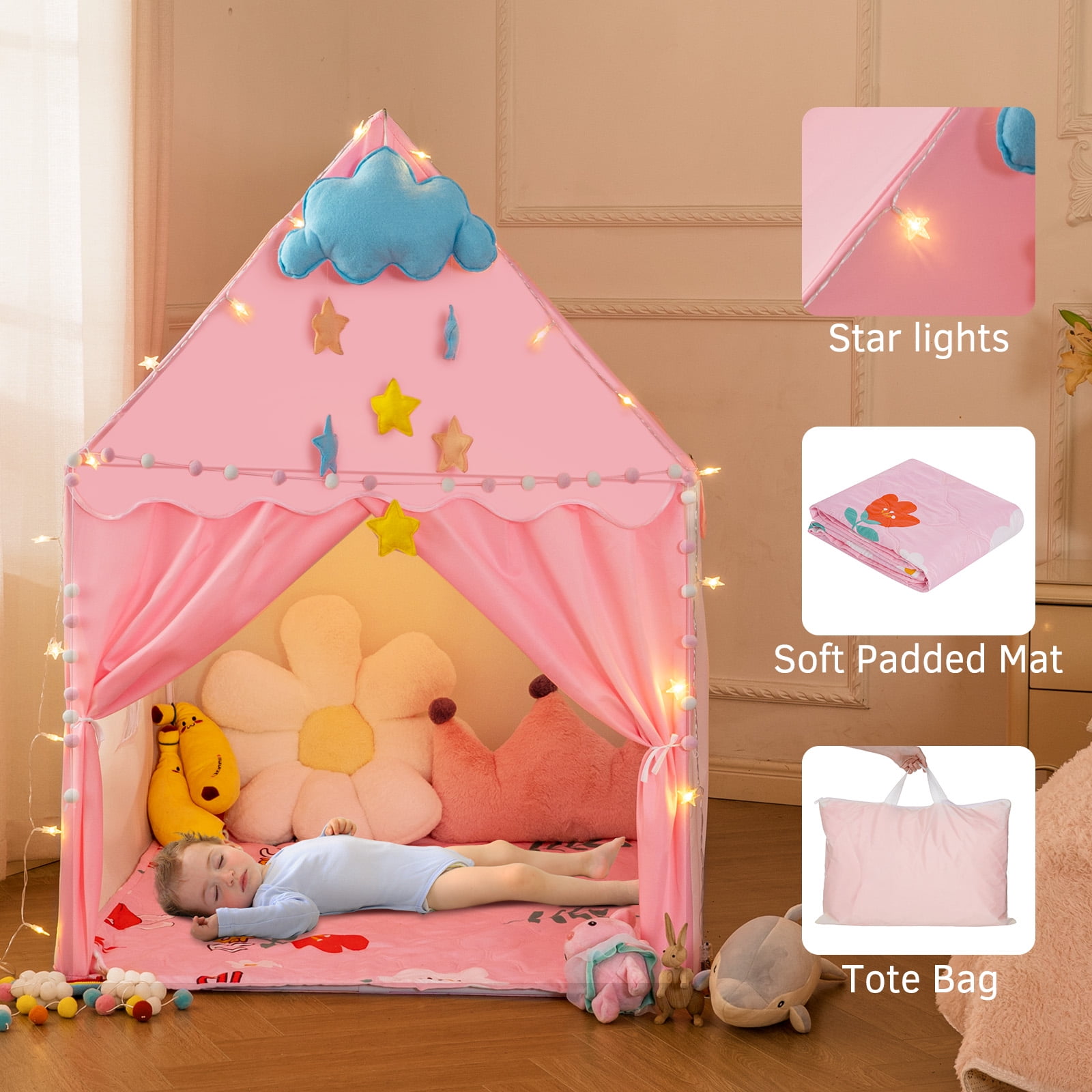 Large Kids Tent with mat, Star Lights, Tissue Garland, Play Tent Indoor & O : Large Kids Tent with mat, Star Lights, Tissue Garland