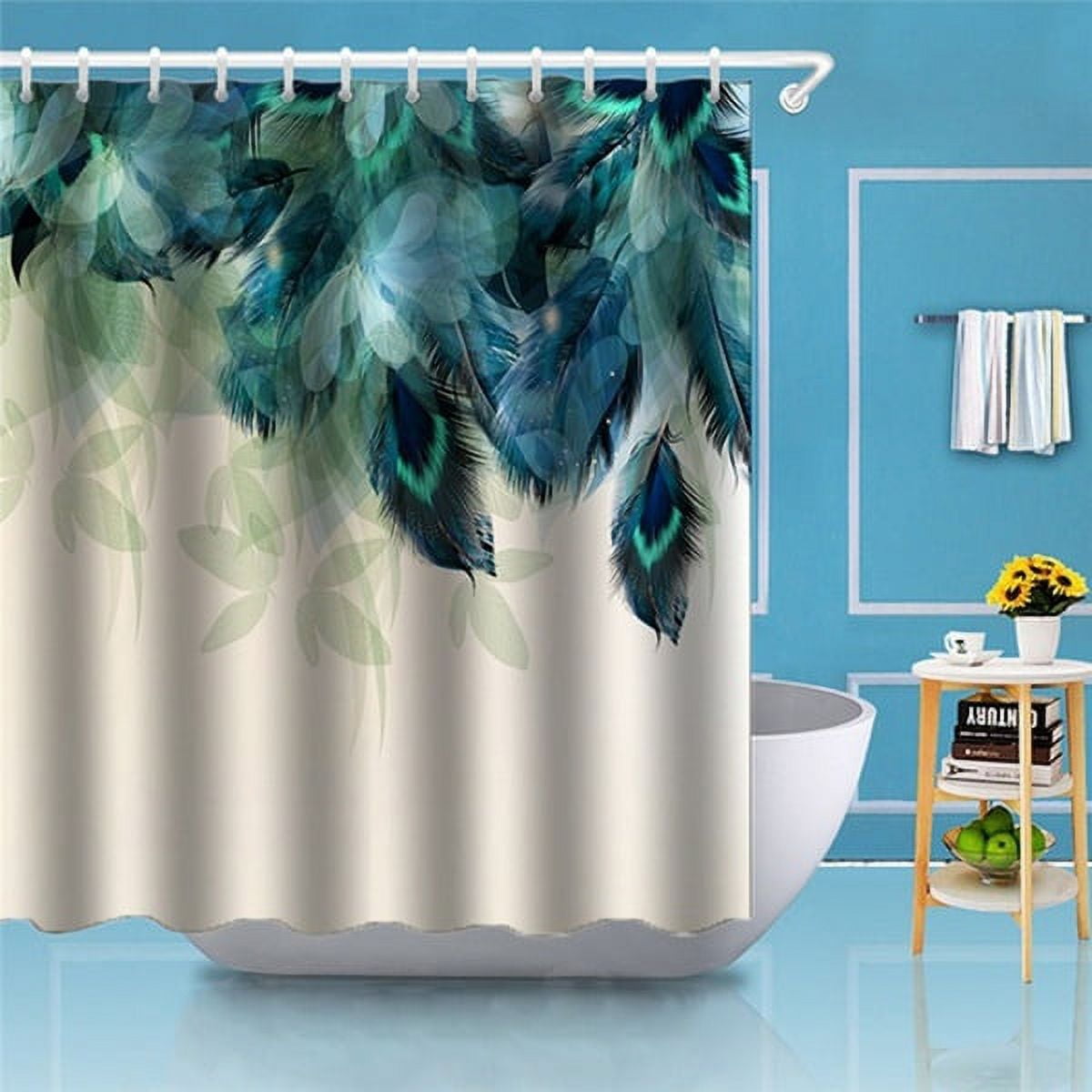 BSHAPPLUS Peacock Feather Shower Curtain Fabric Bathroom Curtain with 12 Hooks, Water-Repellent, Machine-Washable, Fade-Resistant, for Bathroom Decor, 72 x 72
