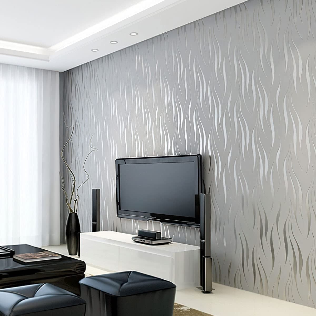 BSHAPPLUS Textured Non-Woven 3D Wallpaper, 20.8in x 32.8ft Wave Stripe Embossed Pattern Wall Sticker for Bedroom Living Room Bathroom,57 sq. ft. (Glue is required for installation)