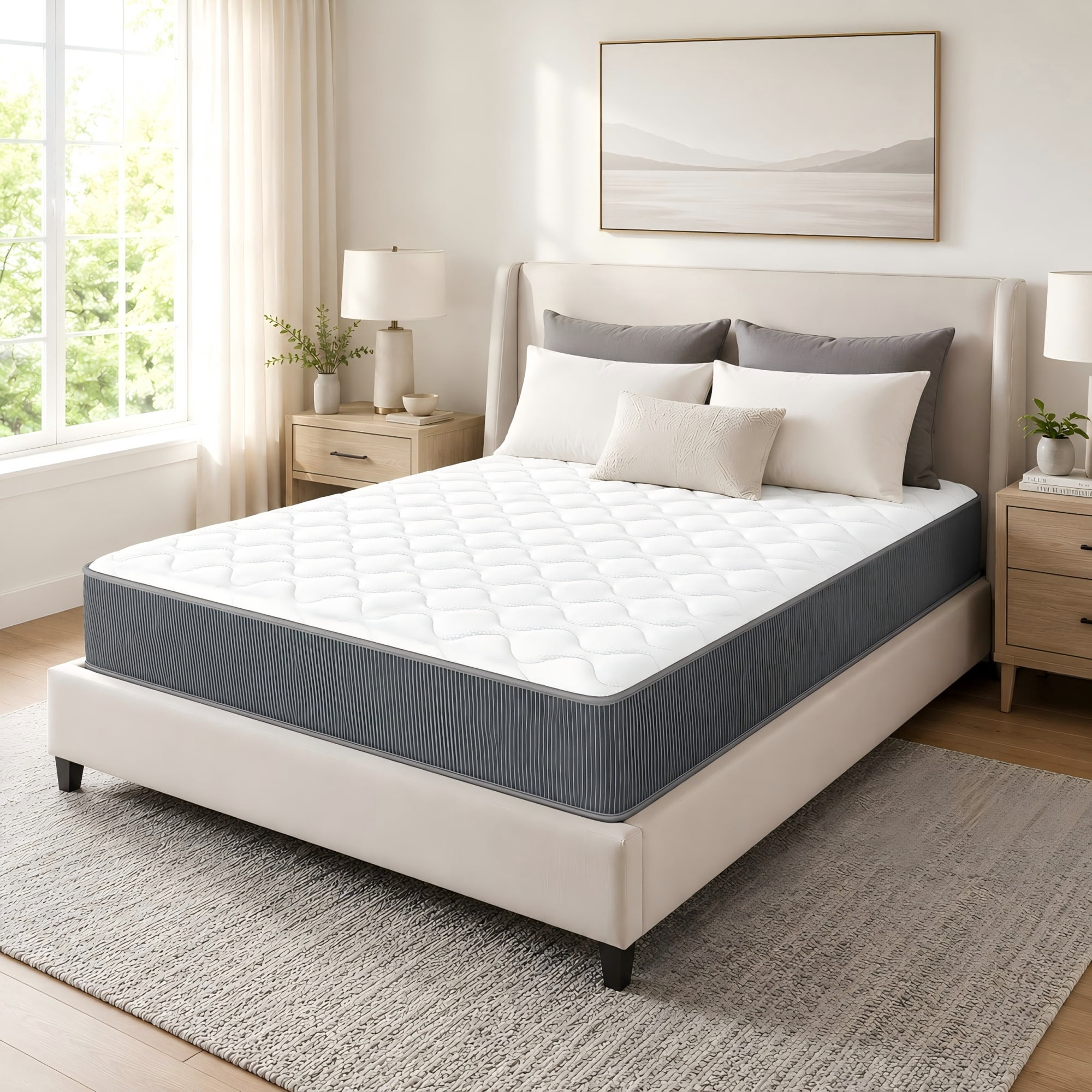 BSHTI 10" Full Knitted Fabric Hybrid Mattress with Pocket Coils, Support Foam, Pressure Relief for Bedroom(Gray)