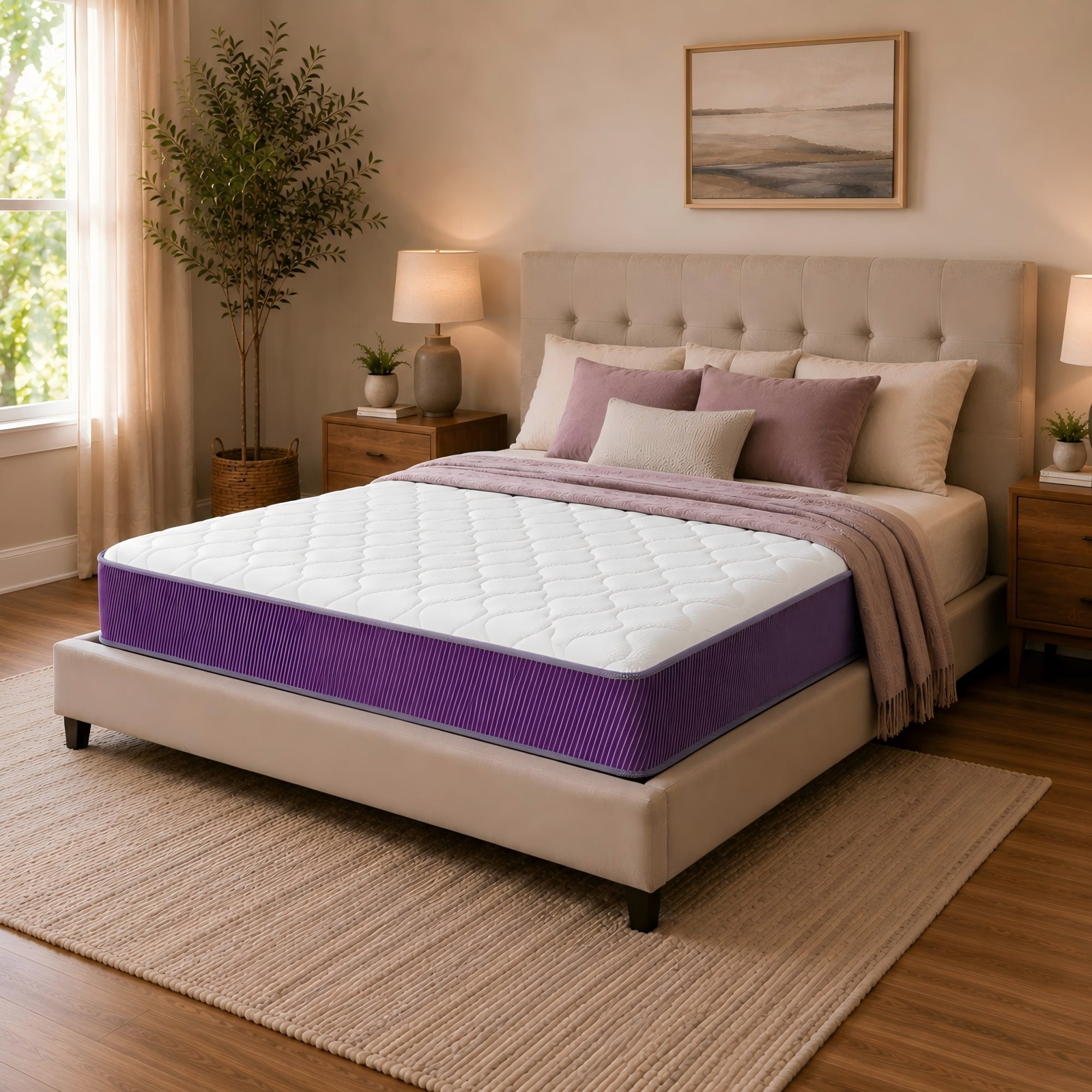 BSHTI 10" Full Knitted Fabric Hybrid Mattress with Pocket Coils, Support Foam, Pressure Relief for Bedroom(Purple)