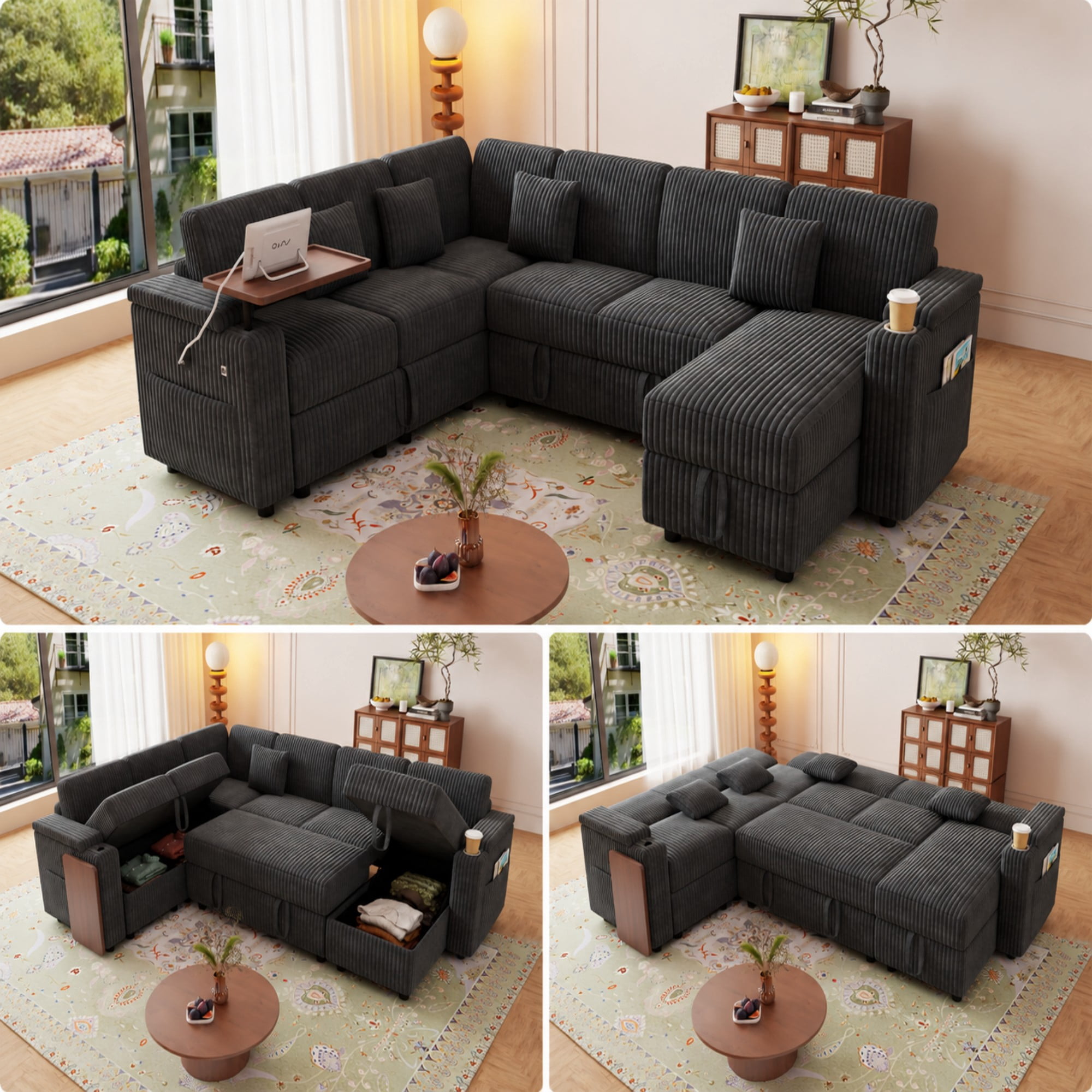 BSHTI 100" Corduroy U‑Shaped Convertible Pull‑Out Sofa Bed with USB Ports, Desk & Cup Holder for Living Room,(Dark Gray)