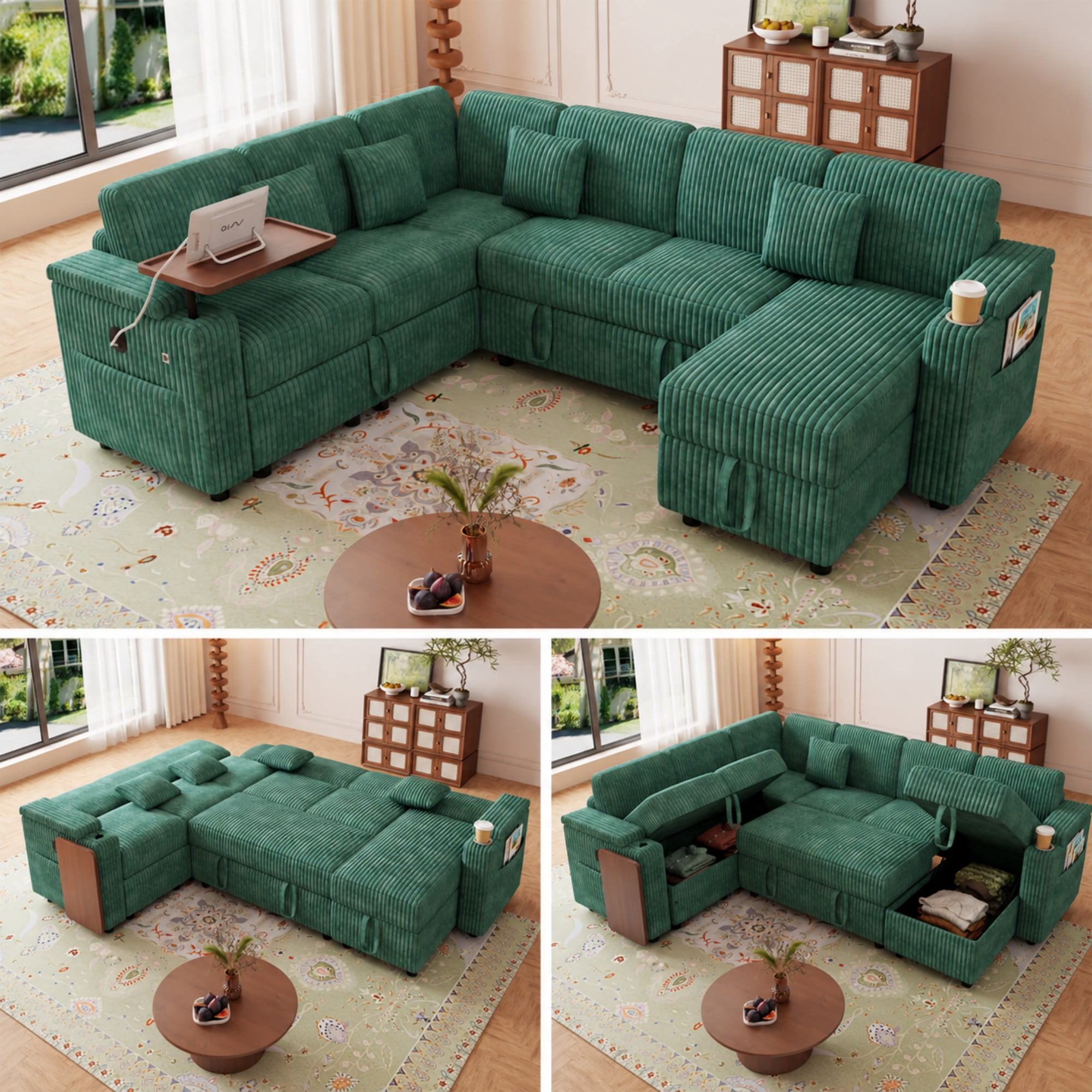 BSHTI 100" Corduroy U‑Shaped Convertible Pull‑Out Sofa Bed with USB Ports, Desk & Cup Holder for Living Room,(Green)