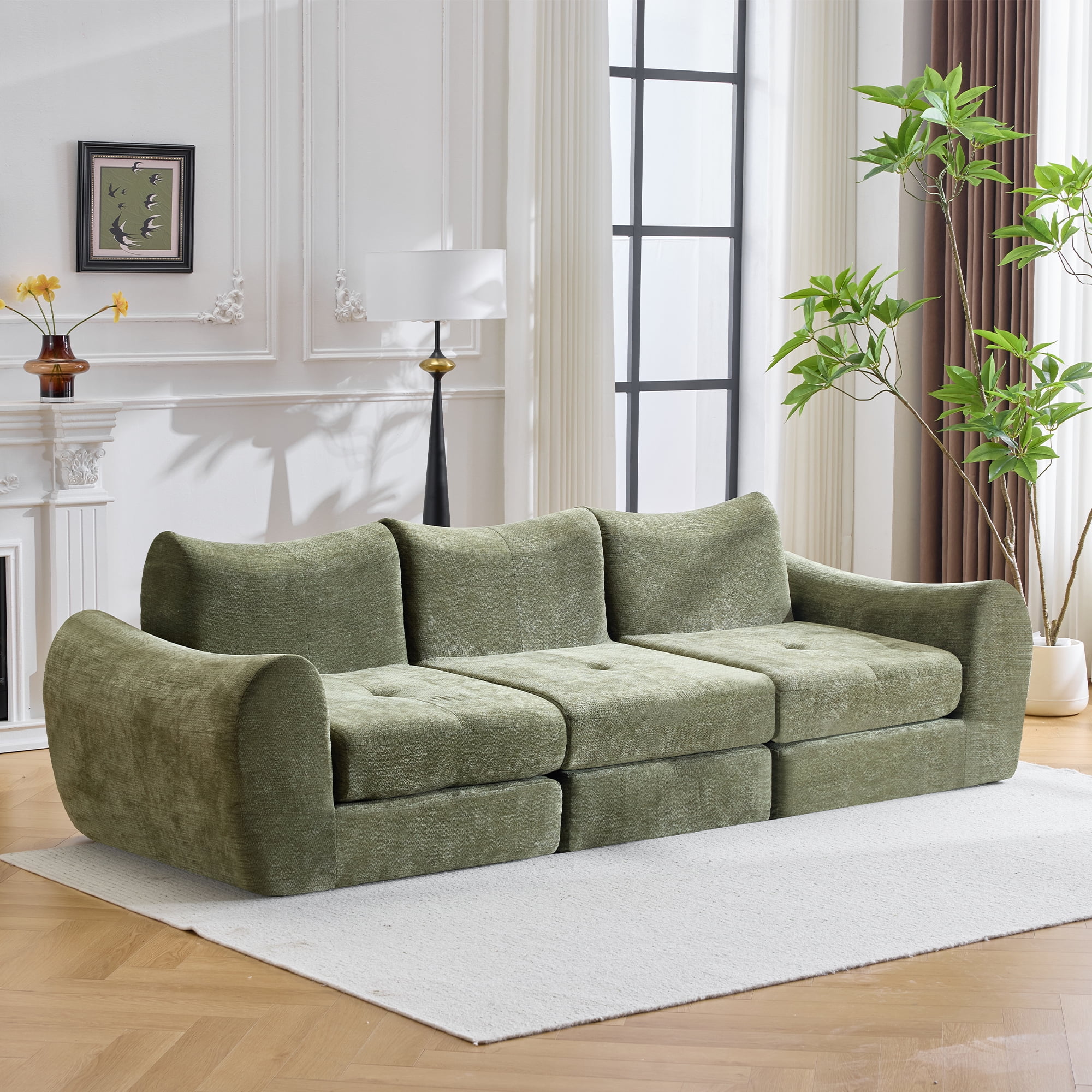BSHTI 101.58" Chenille Modular Cloud Sofa, Comfortable Sectional Sofa with Convertible Folding Design for Living Room（Green）