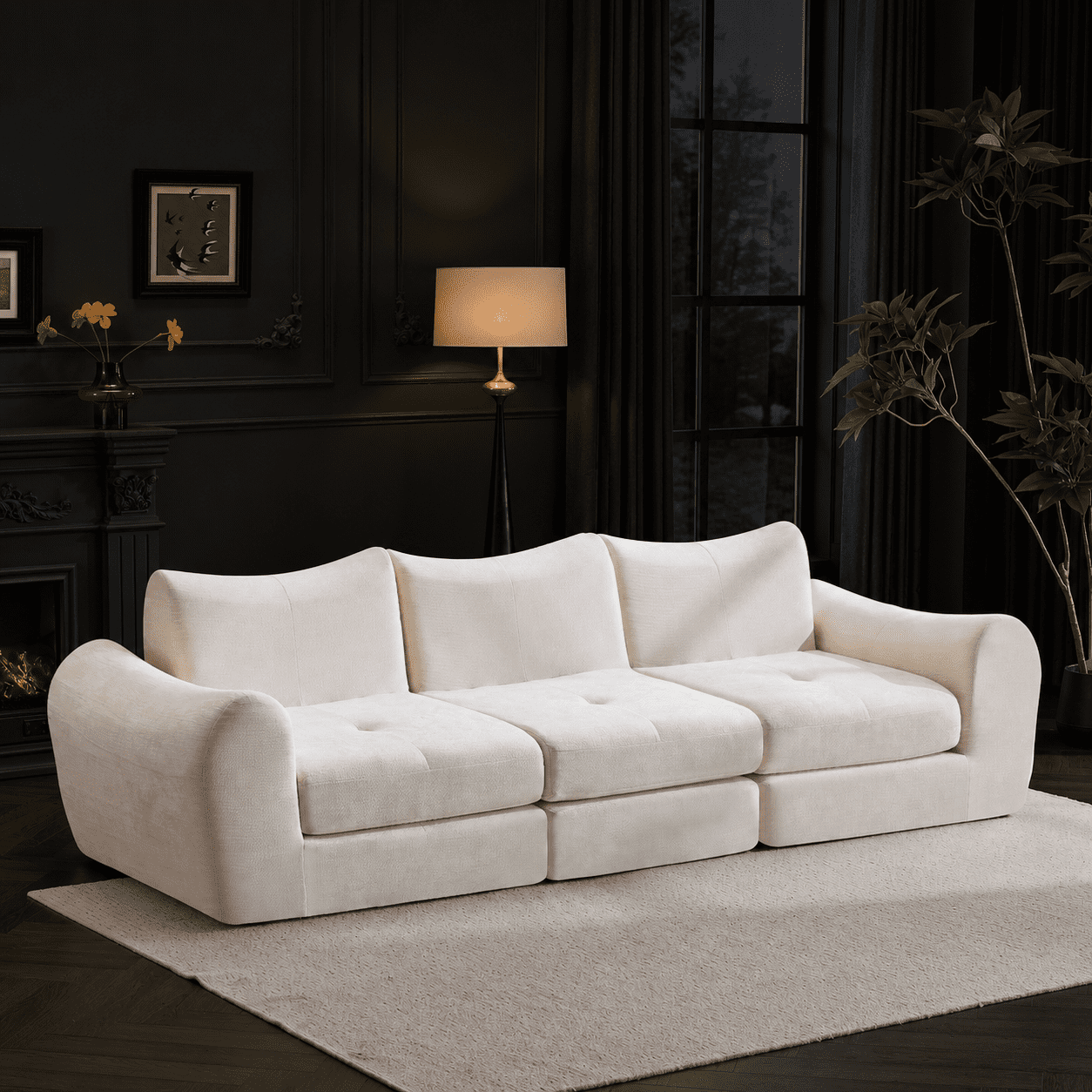 BSHTI 101.58" Chenille Modular Cloud Sofa, Comfortable Sectional Sofa with Convertible Folding Design for Living Room（White）