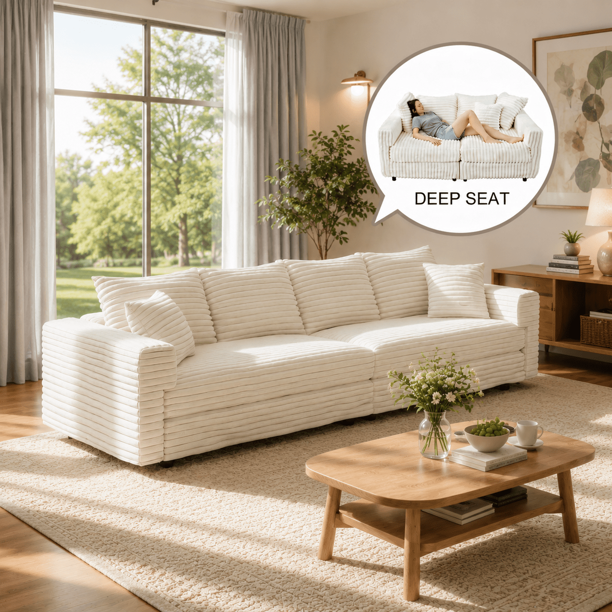 BSHTI 102.4" Corduroy 4 Seater Sofa with Soft Pillows, Deep Seat Modern Convertible Sofa for Living Room & Office(Beige)