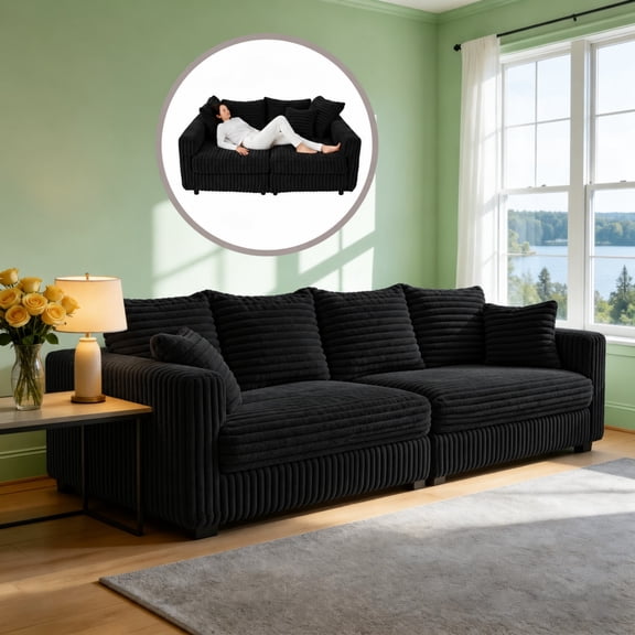 BSHTI 102.4" Corduroy 4 Seater Sofa with Soft Pillows, Deep Seat Modern Convertible Sofa for Living Room & Office(Black)