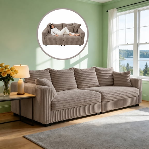 BSHTI 102.4" Corduroy 4 Seater Sofa with Soft Pillows, Deep Seat Modern Convertible Sofa for Living Room & Office(Camel)
