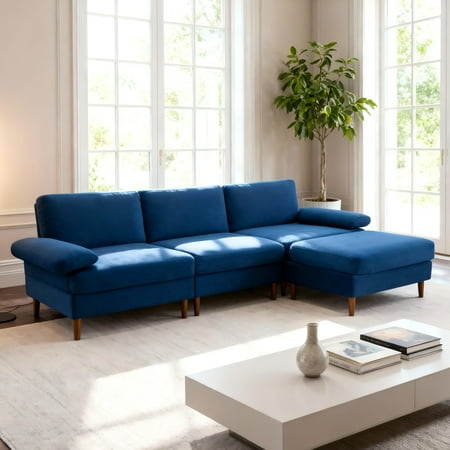 BSHTI 102.4” Modular Sectional Sofa Comes with a Movable Ottoman, Reversible Orientation Ottoman, Velvet Upholstery, with Non-Slip Pads Leg, Navy Blue
