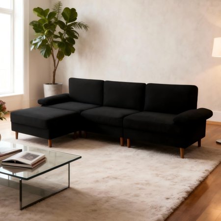 BSHTI 102.4” Modular Sectional Sofa Comes with a Movable Ottoman, Reversible Orientation Ottoman, Velvet Upholstery, with Non-Slip Pads Leg, Black