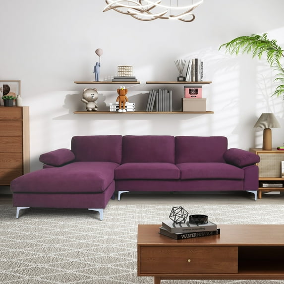 BSHTI 103.5” Modern Convertible Sectional Sofa Couch, Fabric L-Shaped 3-Seater Sofa Sectional for Livingroom(Purple)