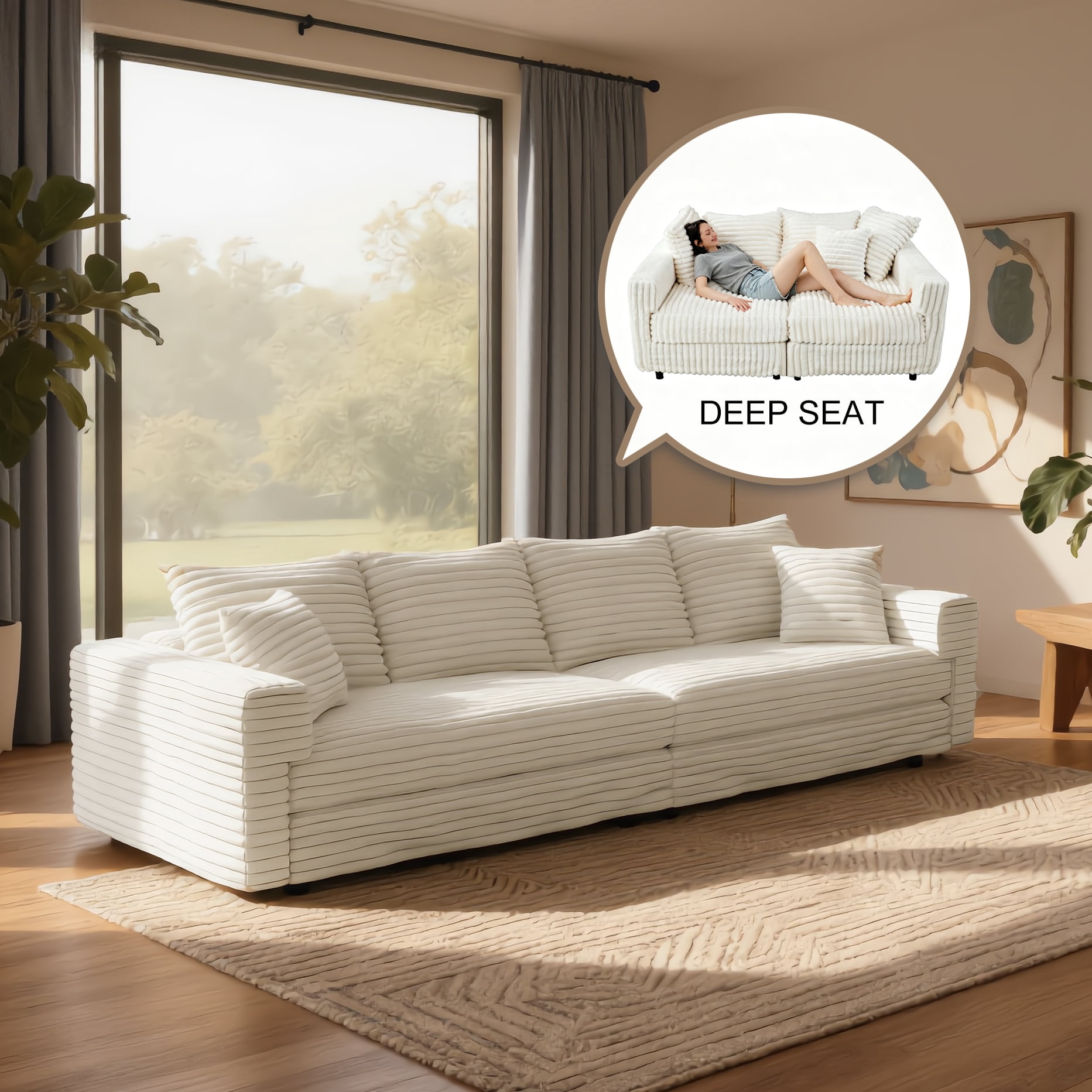 BSHTI 104.3" Extra Deep Seat Plush Corduroy 4-Seat Sofa, Convertible Lounge Chair, Boneless Couch, Beige Sectional Sofa, Removable Washable Covers, for Living Room & Office