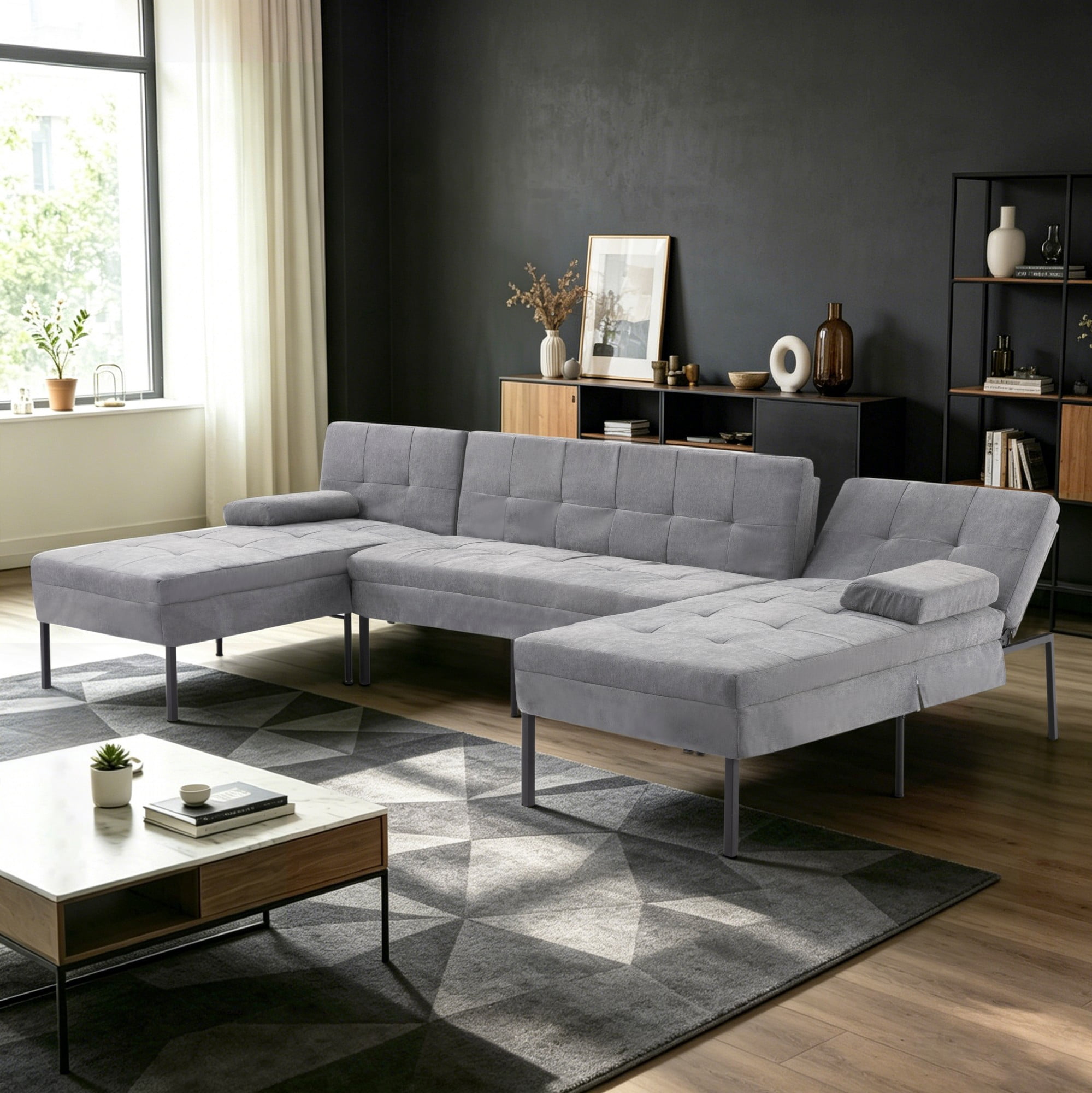 BSHTI 107.09" U Shape Sofa Bed with Adjustable Backrest, Soft 4 Seater Couch for Living Room(Dark Gray)