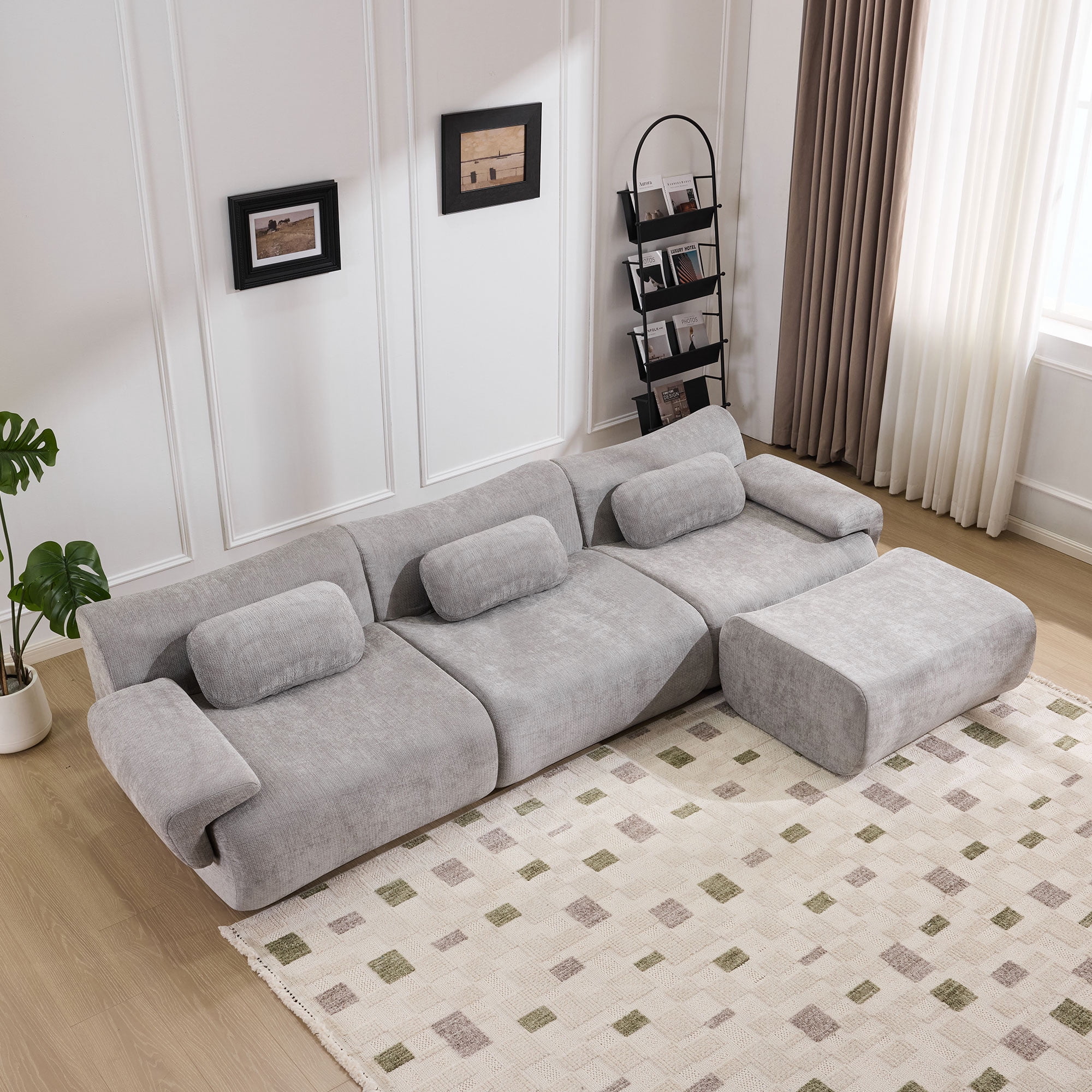 BSHTI 107.9" Chenille Sectional Sofa with 3 Pillows, Comfortable L Shaped Sofa with Premium Fabric and Modern Design for Living Room（Black）