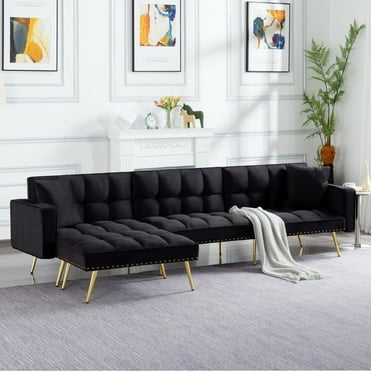 BSHTI 107”Sectional Futon Sleeper Sofa Bed,Velvet Upholstery,Split Back,Full Size Convertible Sofa,5 Adjustable Positions Backrest,Home,Office,Guest Room(Black)