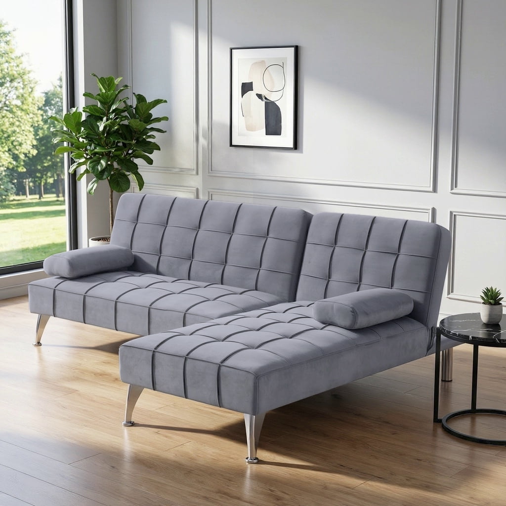 BSHTI 78.35" Velvet L-Shaped Sectional Sleeper Sofa with Reversible Chaise, Split Back & 3-Position Adjustment, Tufted Design, Metal Legs, for Living Room & Guest Room Gray