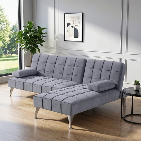 BSHTI 107" Velvet L-Shaped Sectional Sleeper Sofa with Reversible Chaise, Split Back & 3-Position Adjustment, Tufted Design, Metal Legs, for Living Room & Guest Room Gray