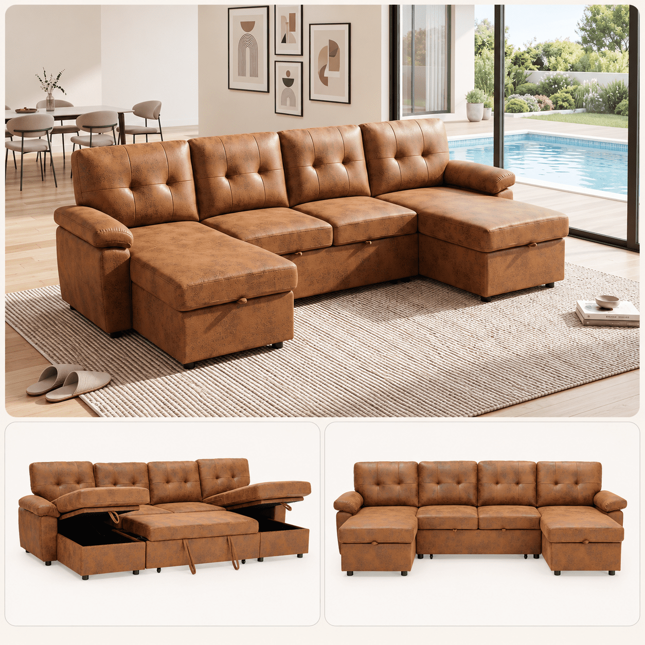 BSHTI 112" Polyester Fabric U-Shaped Sectional Sleeper Sofa Bed with Pull-Out Bed,Tufted Back Cushions and Storage Chaise for Living Room(Light Brown)