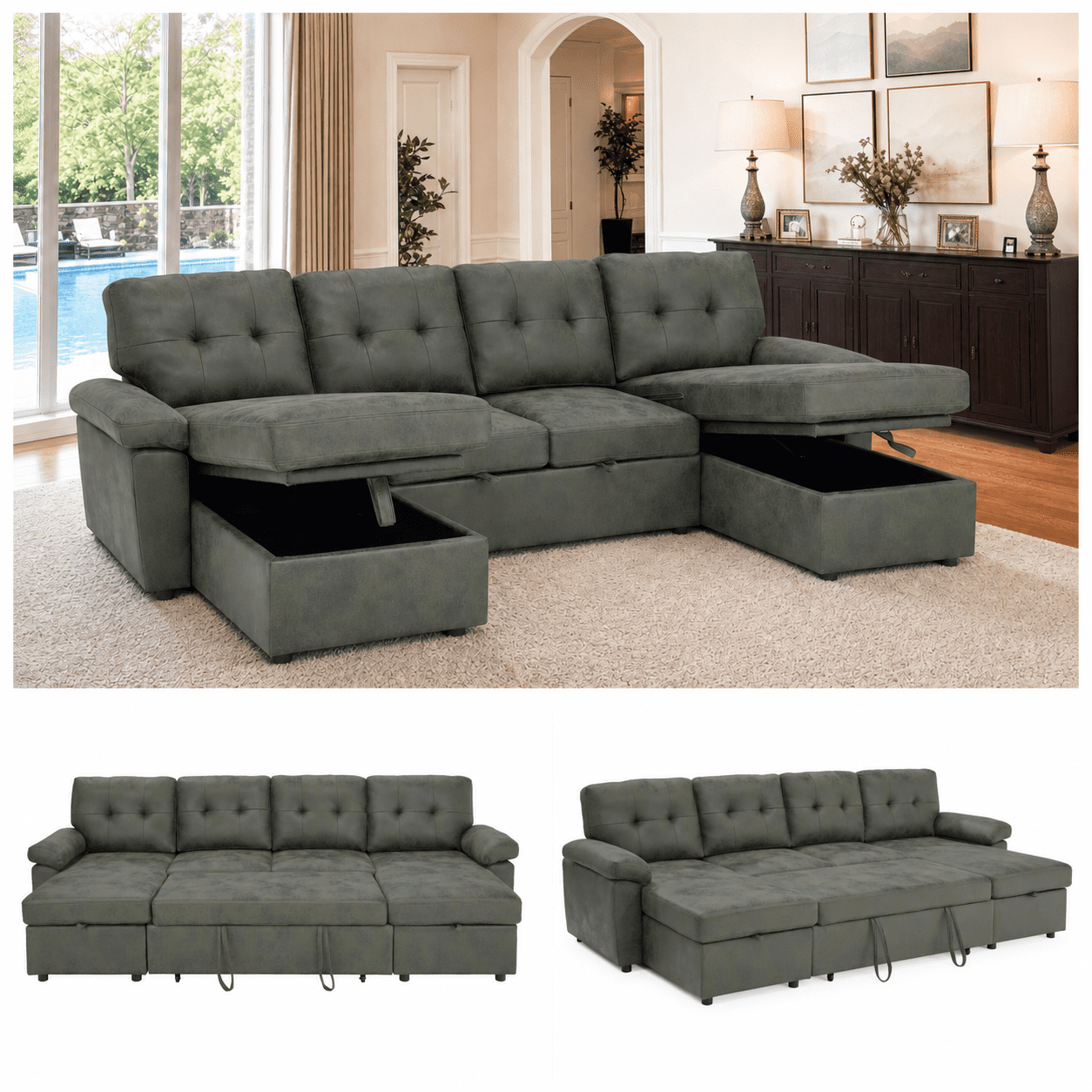 BSHTI 112" Polyester Fabric U-Shaped Sectional Sleeper Sofa Bed with Pull-Out Bed,Tufted Back Cushions and Storage Chaise for Living Room(Olive Green)