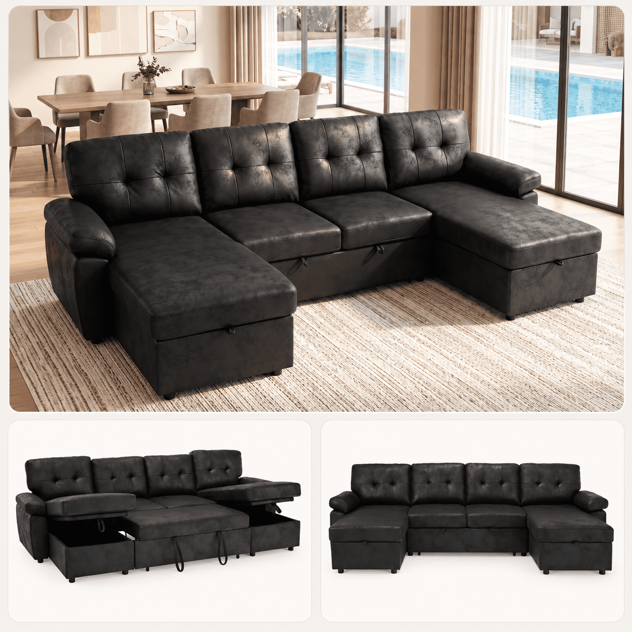 BSHTI 112" Polyester Fabric U-Shaped Sectional Sleeper Sofa Bed with Pull-Out Bed,Tufted Back Cushions and Storage Chaise for Living Room(Black)