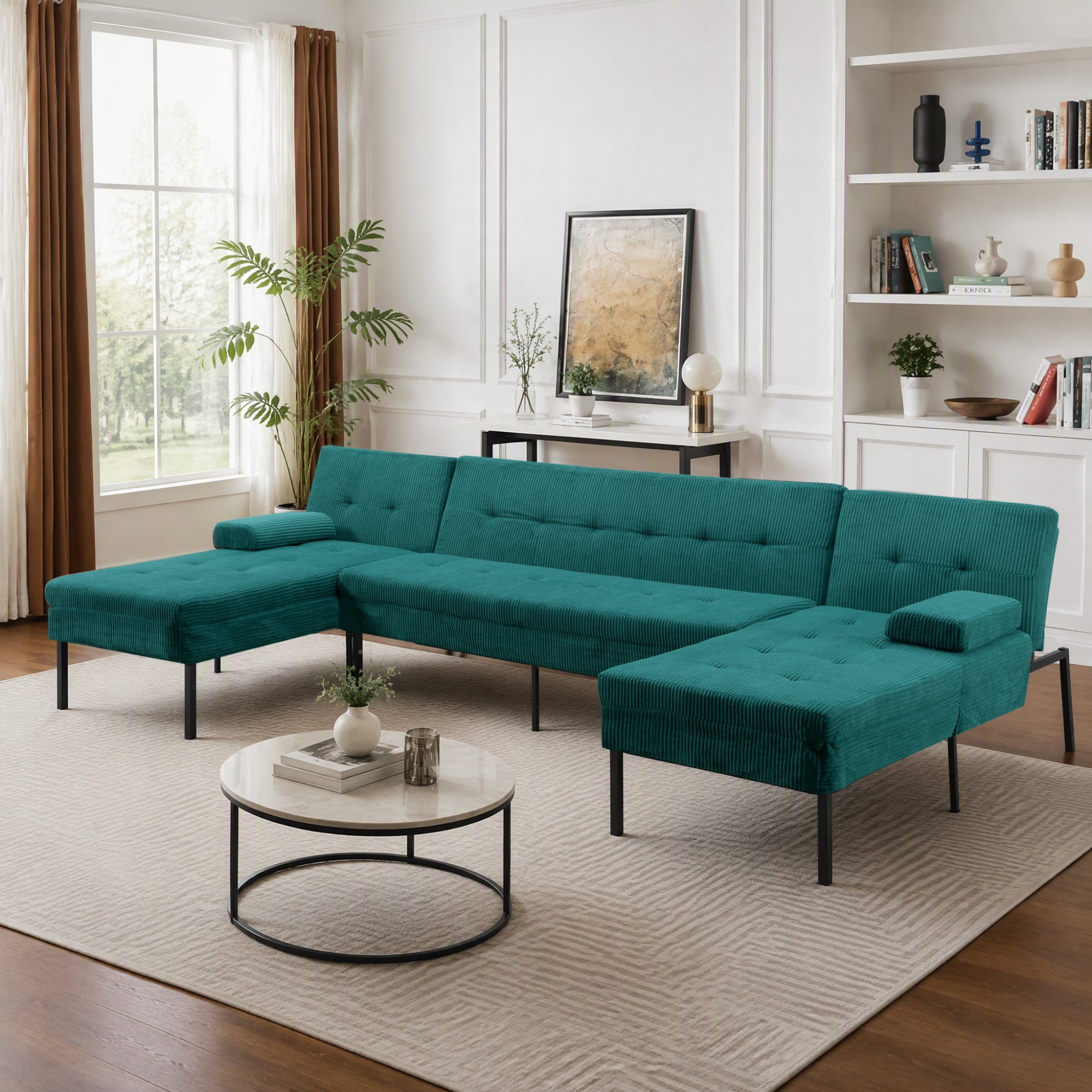 BSHTI 117.13" Soft Corduroy U-Shaped Sectional Sofa Bed with 5-Position Backrest, Comfy Couch for Living Room（Green）