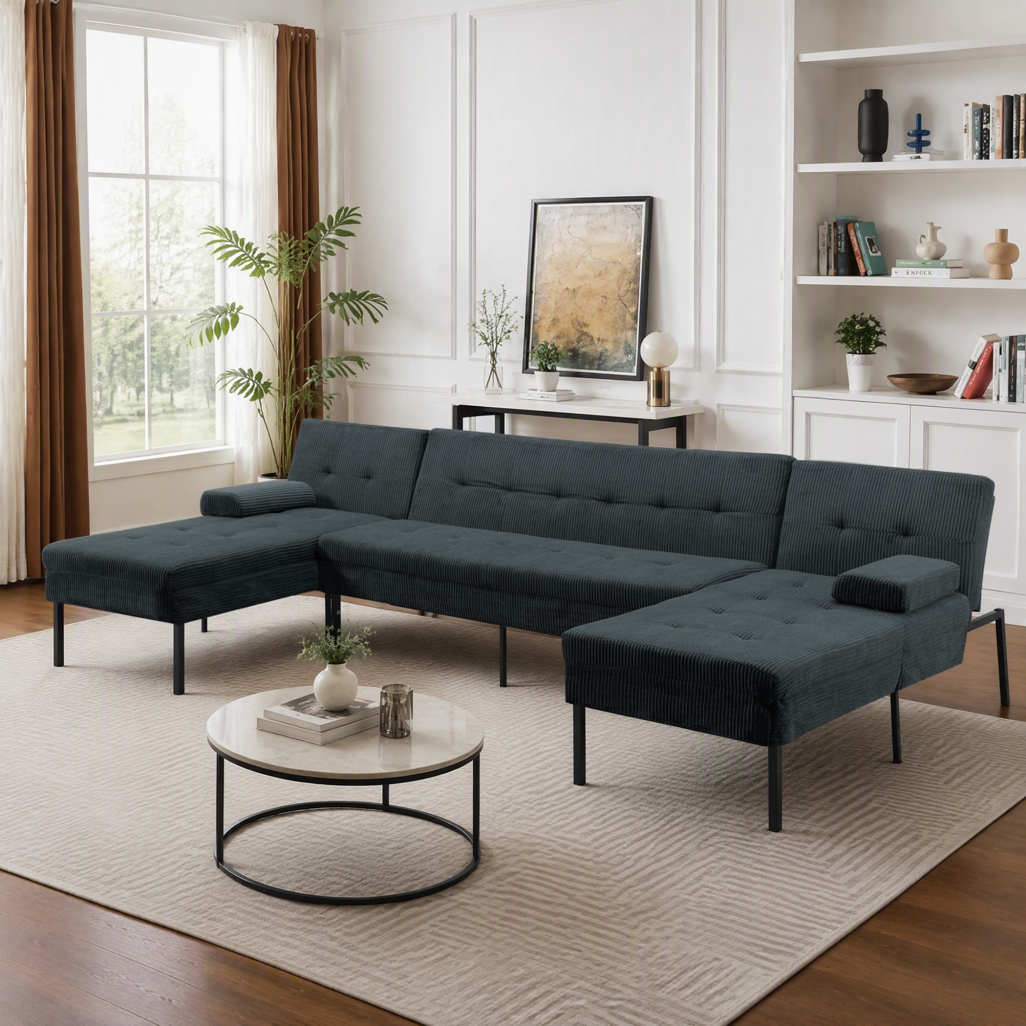 BSHTI 117.13" Soft Corduroy U-Shaped Sectional Sofa Bed with 5-Position Backrest, Comfy Couch for Living Room（Dark Gray）