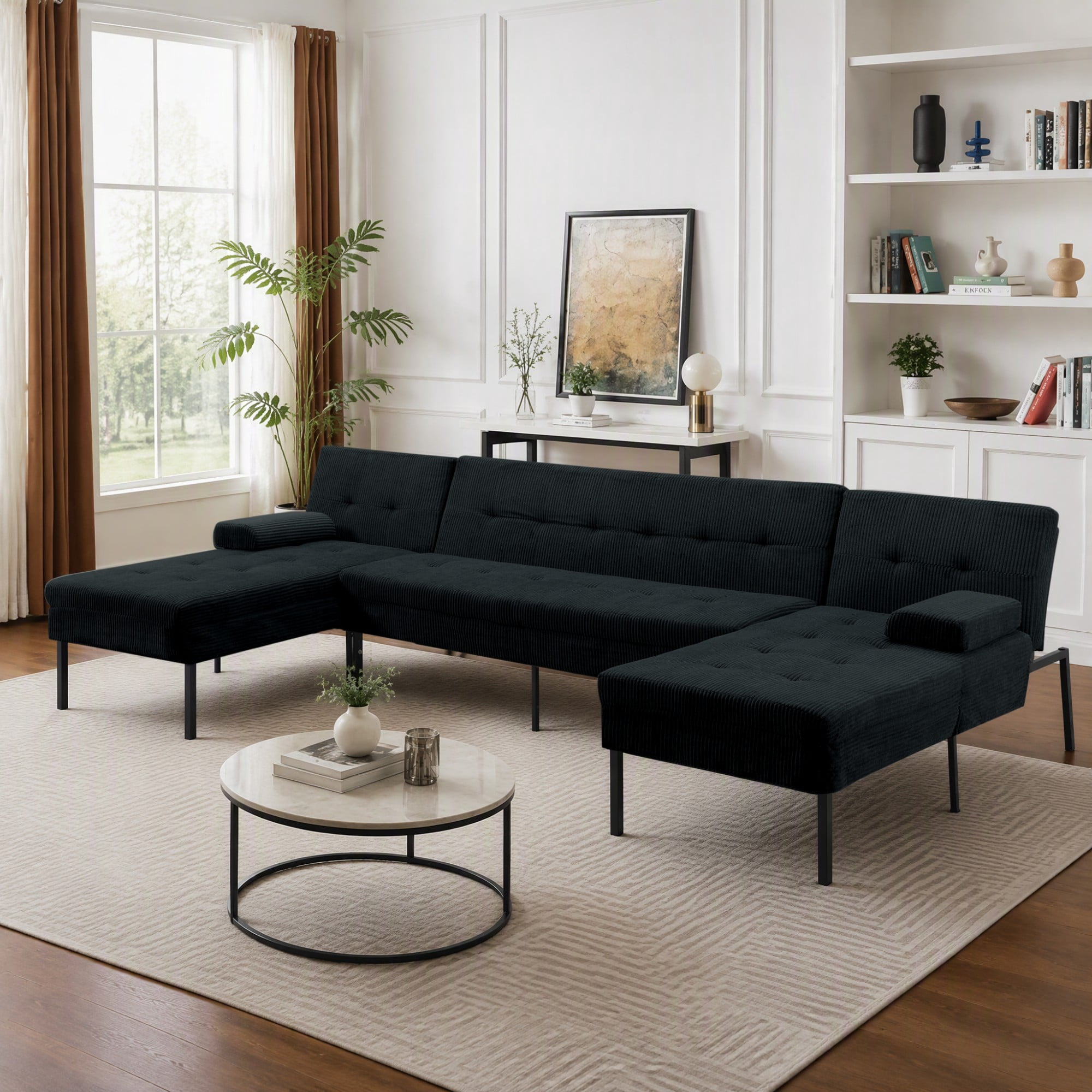 BSHTI 117.13" Soft Corduroy U-Shaped Sectional Sofa Bed with 5-Position Backrest, Comfy Couch for Living Room（Black）