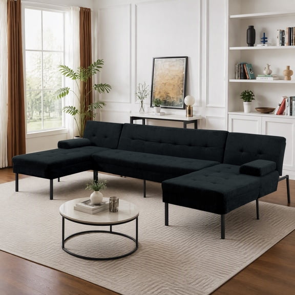BSHTI 117.13" Soft Corduroy U-Shaped Sectional Sofa Bed with 5-Position Backrest, Comfy Couch for Living Room(Black)