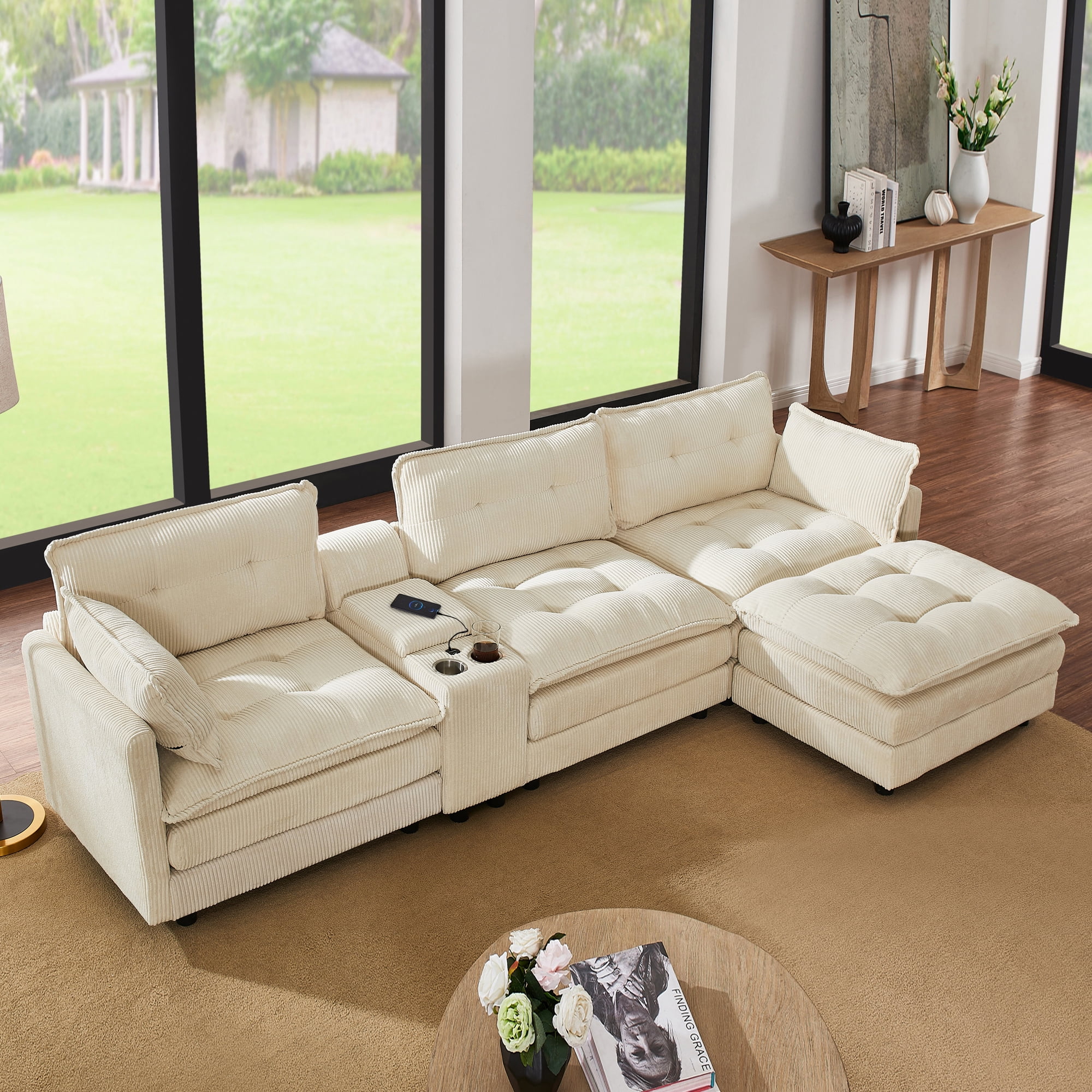 BSHTI 119" 4-Seat Corduroy L-Shaped Sectional Sofa with Multifunctional Console, USB Charging Ports, Cup Holder, Storage for Living Room (Beige)