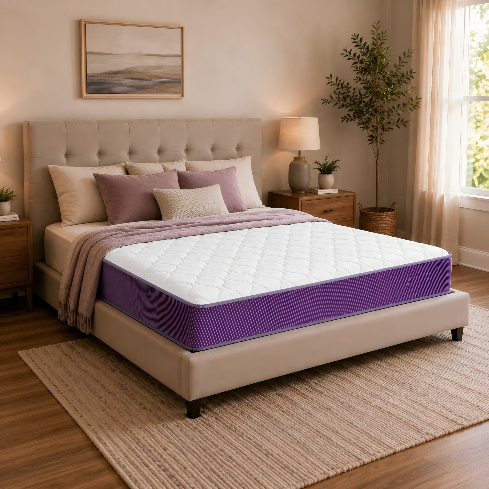 BSHTI 12" Queen Knitted Fabric Hybrid Mattress with Pocket Coils, Support Foam, Pressure Relief for Bedroom(Purple)