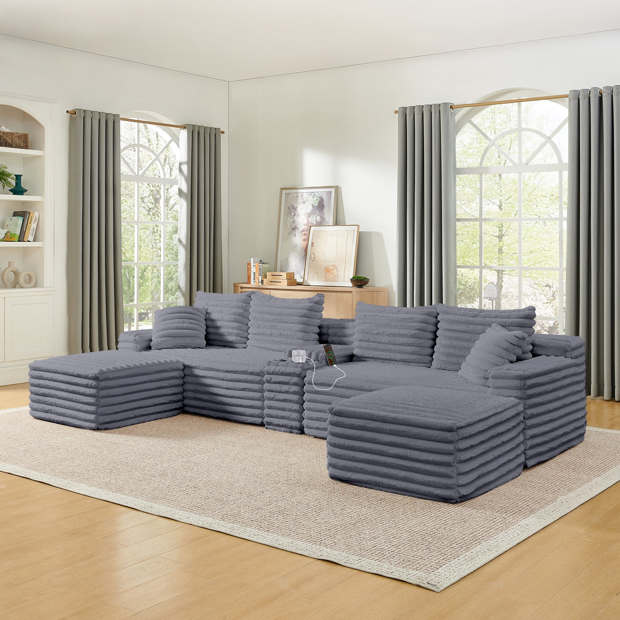 BSHTI 127" Corduroy U Shape Sectional Sofa with Console, Cup Holders, USB Port, 2 Ottomans for Living Room（Gray）