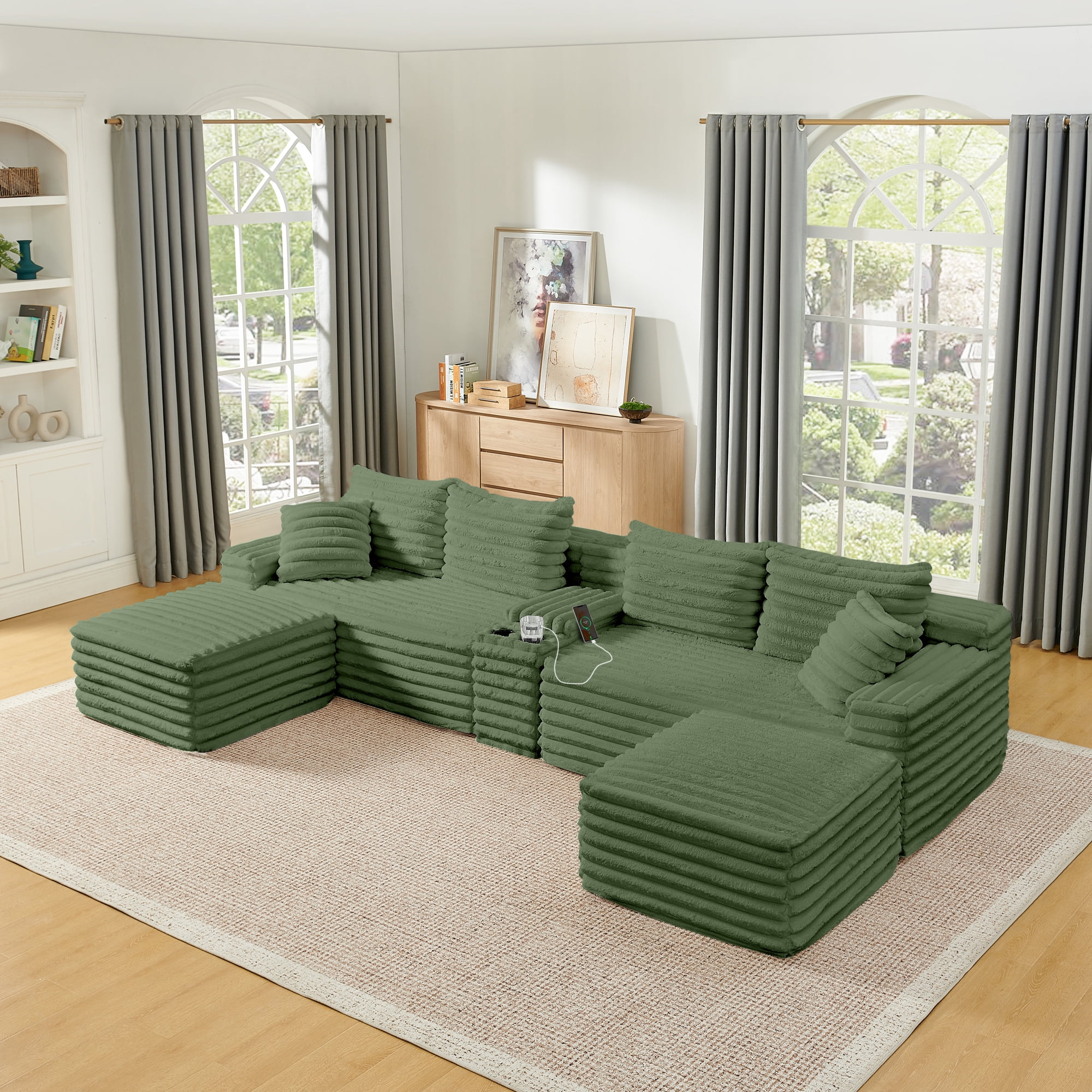 BSHTI 127" Corduroy U Shape Sectional Sofa with Console, Cup Holders, USB Port, 2 Ottomans for Living Room（Green）