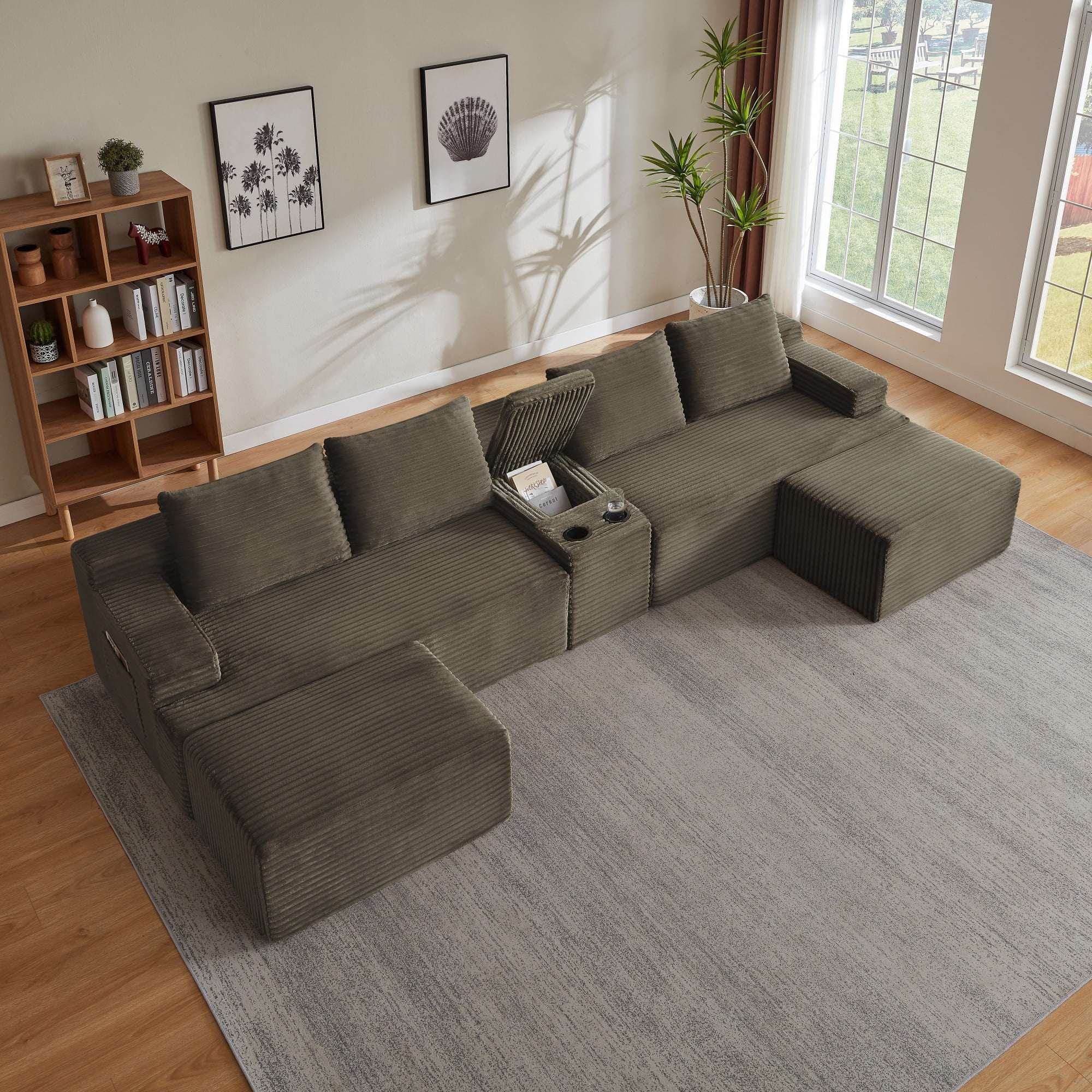 BSHTI 140.6" 5-Seat Corduroy U Shape Sectional Sofa with Cup Holder, Modular Design, No Assembly for Living Room（Brown）