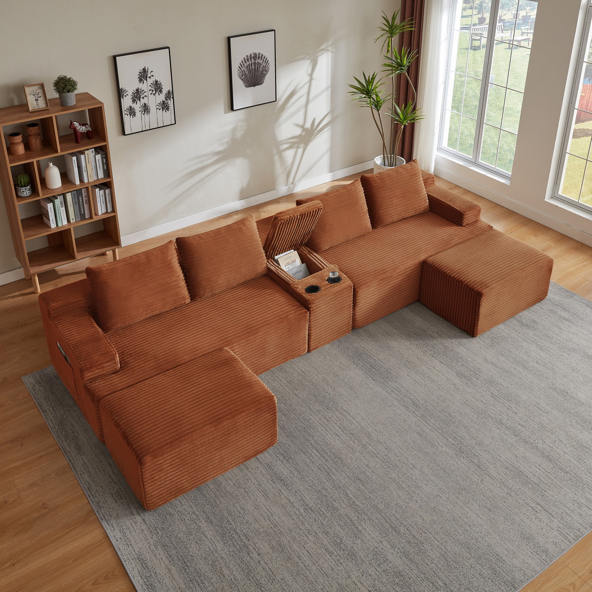 BSHTI 140.6" 5-Seat Corduroy U Shape Sectional Sofa with Cup Holder, Modular Design, No Assembly for Living Room（Orange）