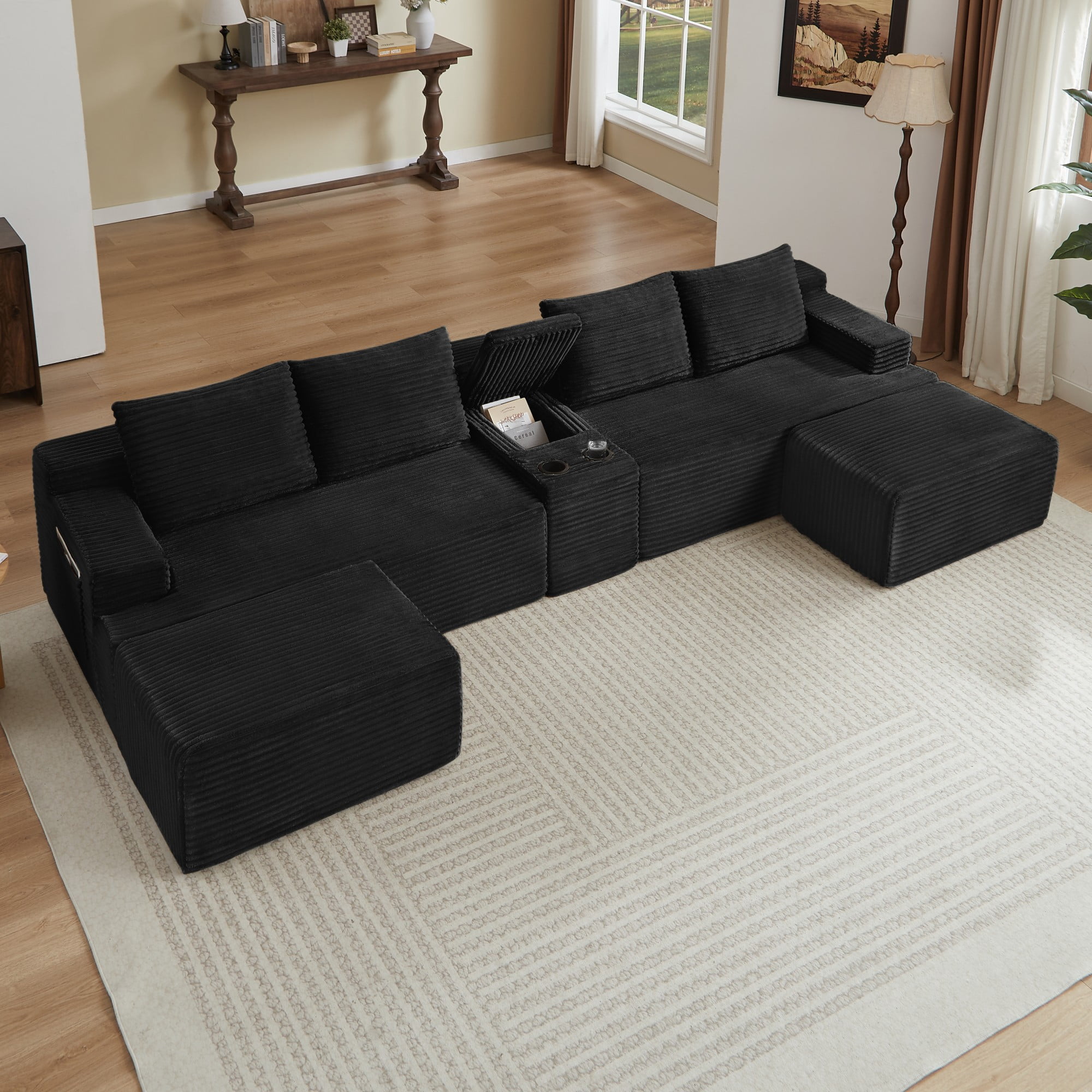 BSHTI 140.6" 5-Seat Corduroy U Shape Sectional Sofa with Cup Holder, Modular Design, No Assembly for Living Room（Black）