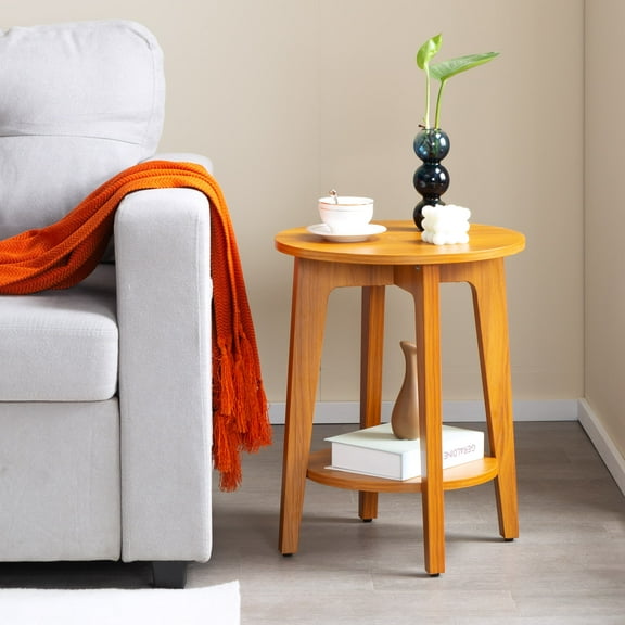 BSHTI 15.7” Side Table, 2-Tier Storage Space, MDF with Walnut Pattern, Non-Slip Rubber Feet, as a Drink Table, Bedside Table, Plant Stand, Natural