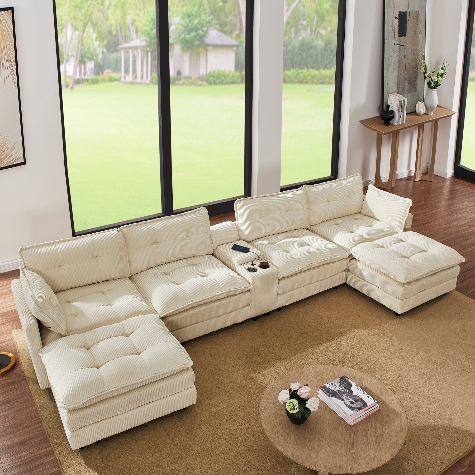 BSHTI 154" 6-Seat Corduroy U-Shaped Sectional Sofa with Multifunctional Console, USB Charging Ports, Cup Holder, Storage for Living Room (Beige)