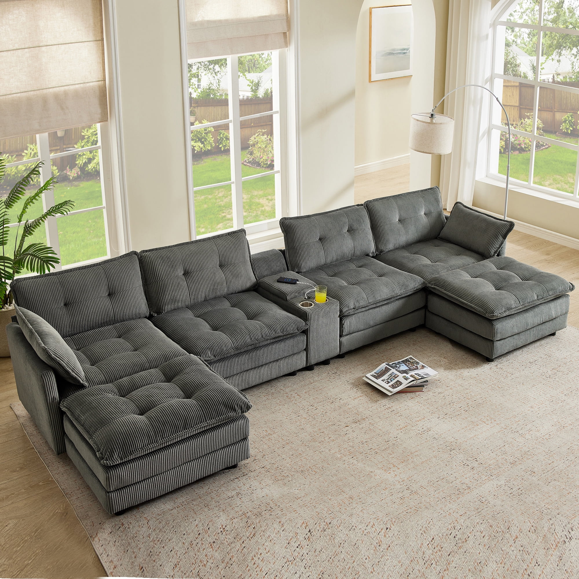 BSHTI 154" 6-Seat Corduroy U-Shaped Sectional Sofa with Multifunctional Console, USB Charging Ports, Cup Holder, Storage for Living Room (Gray)