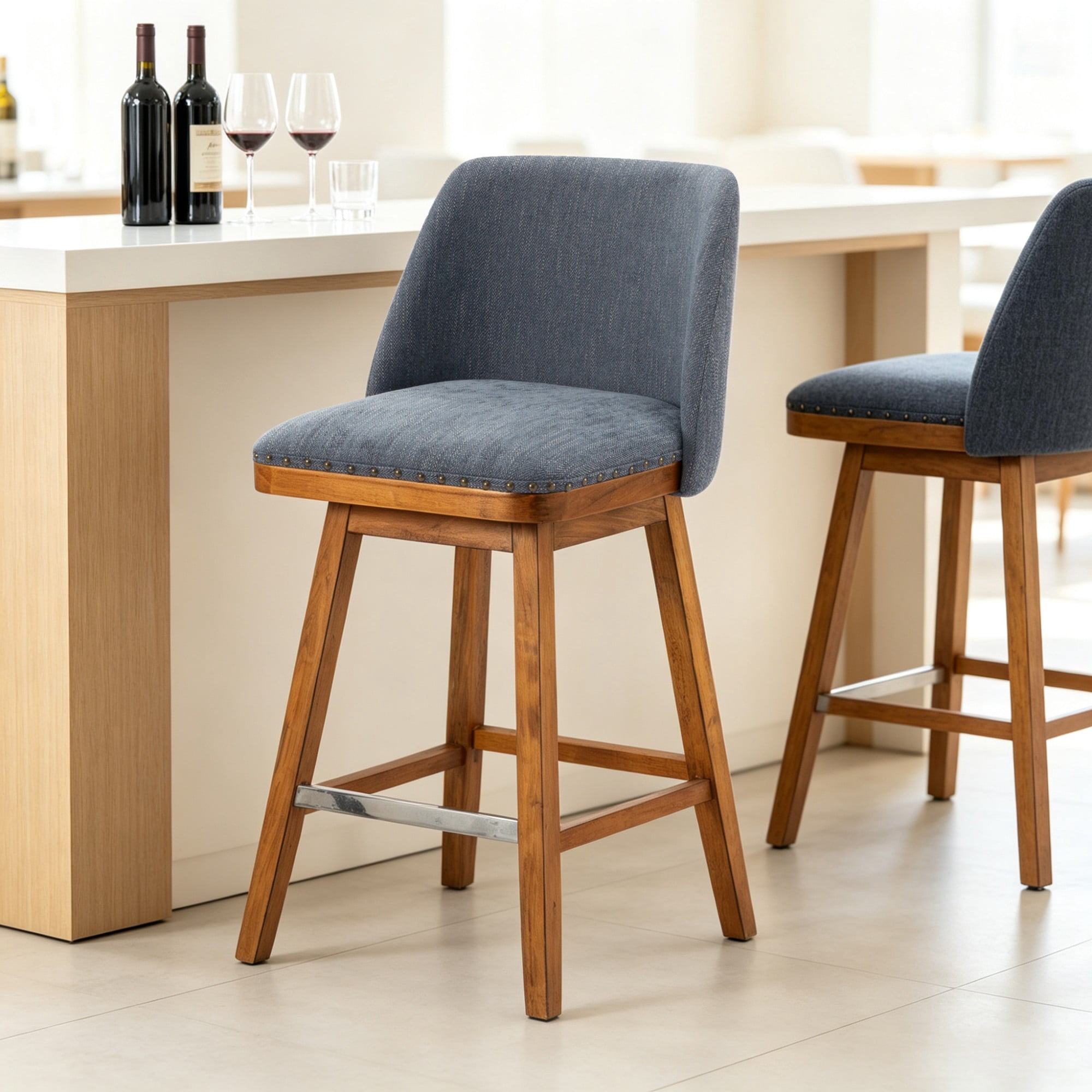 BSHTI 18.9" Linen Swivel Barstool with Back Support, Foam Seat, Wood Frame, Footrest for Dining Rooms（Blue）