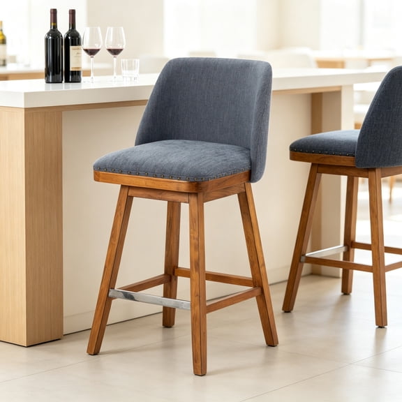 BSHTI 18.9" Linen Swivel Barstool with Back Support, Foam Seat, Wood Frame, Footrest for Dining Rooms(Blue)
