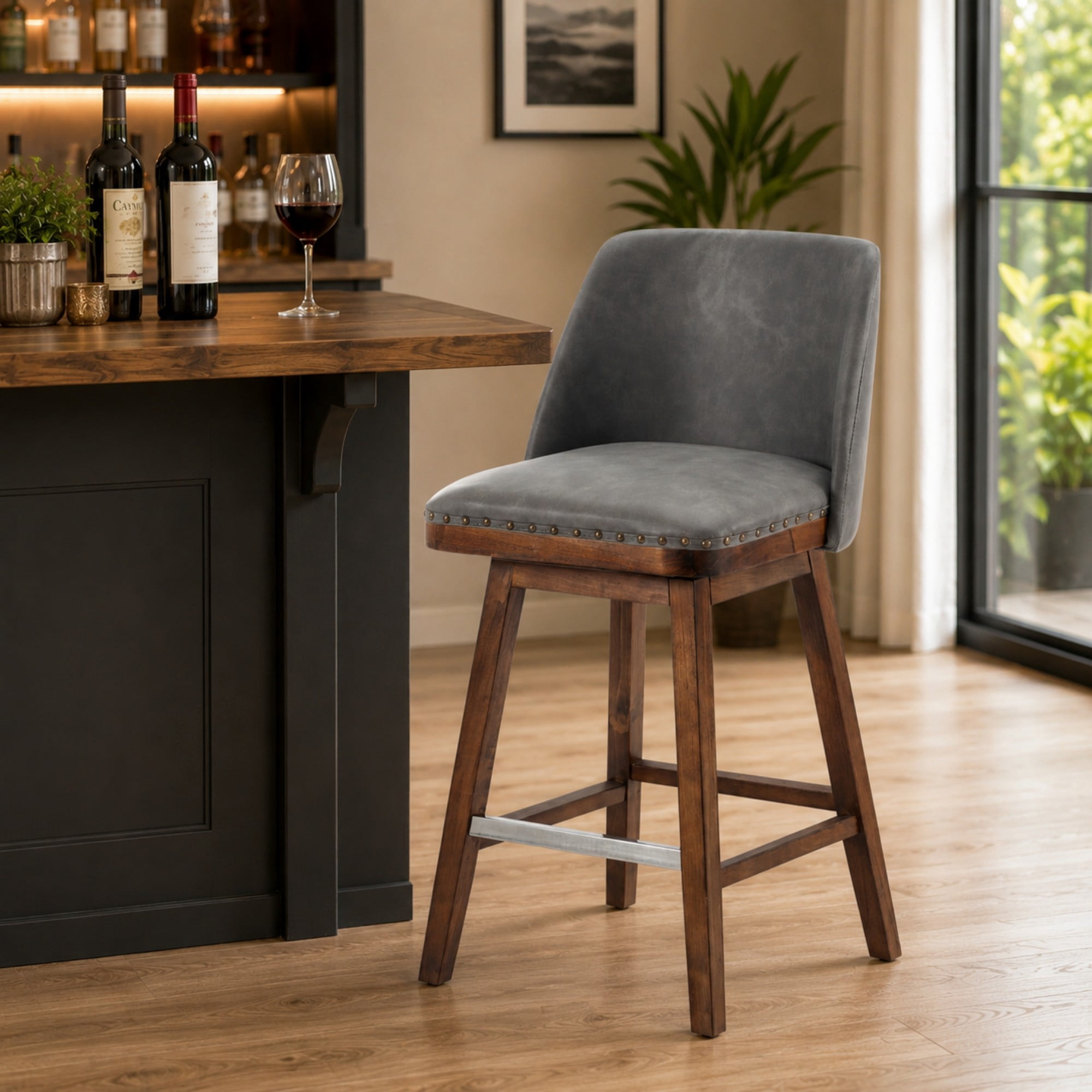BSHTI 18.9" PU Swivel Barstool with Back Support, Foam Seat, Wood Frame, Footrest for Dining Rooms（Grey）