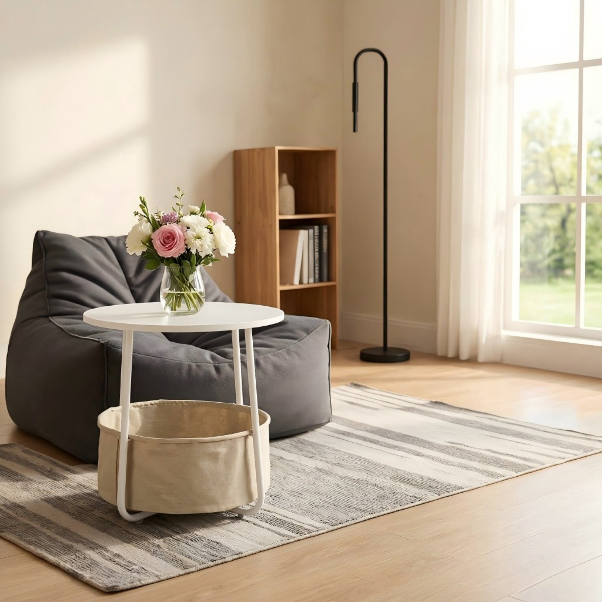 BSHTI 18" Round Coffee Table with Fabric Storage Basket – Space-Saving End Table for Living Room, Bedside Nightstand, Matte White & Beige