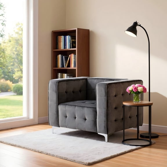 BSHTI 24.41" Velvet Accent Chair – Tufted Seat & Back, Solid Wood Frame, Metal Legs, High-Density Foam, Easy Assembly – For Living Room, Bedroom, Den