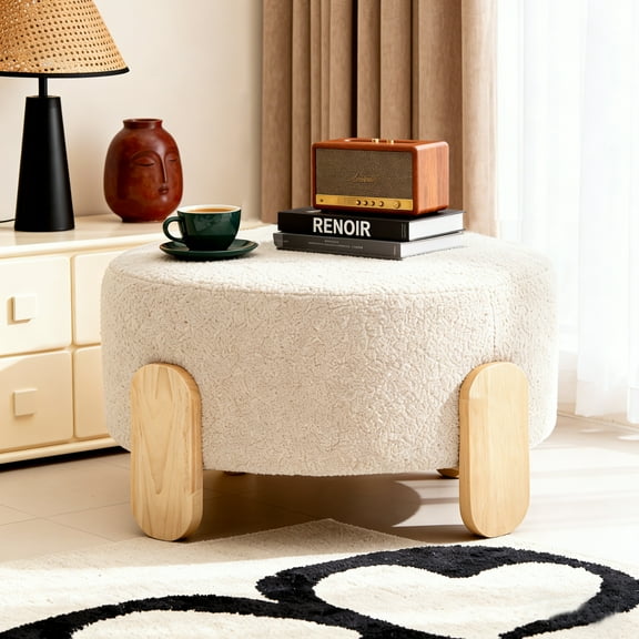 BSHTI 24.8" Round Teddy Fabric Ottoman with Natural Wood Legs, Multi-Functional Footstool and Extra Seat for Home and Office -Beige