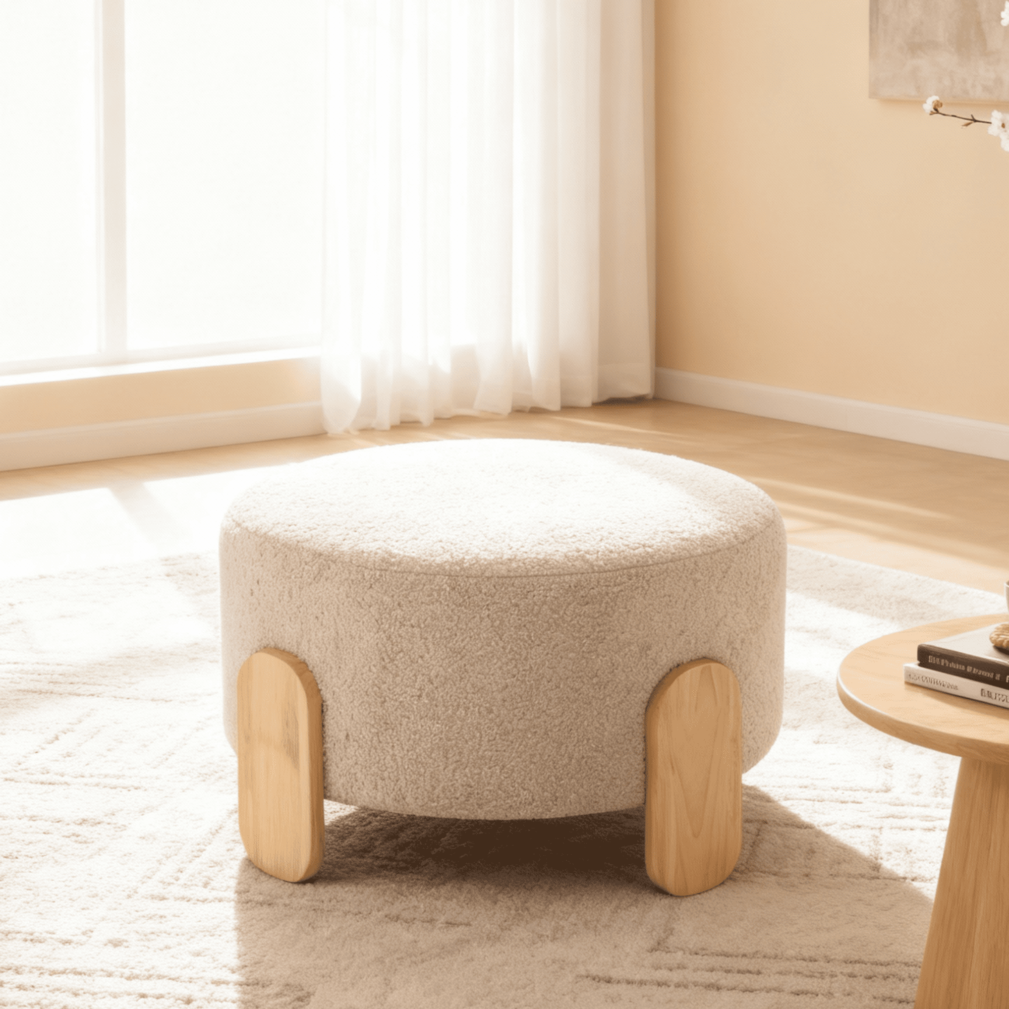 BSHTI 24.8" Round Teddy Fabric Ottoman with Natural Wood Legs, Multi-Functional Footstool and Extra Seat for Home and Office(Beige)